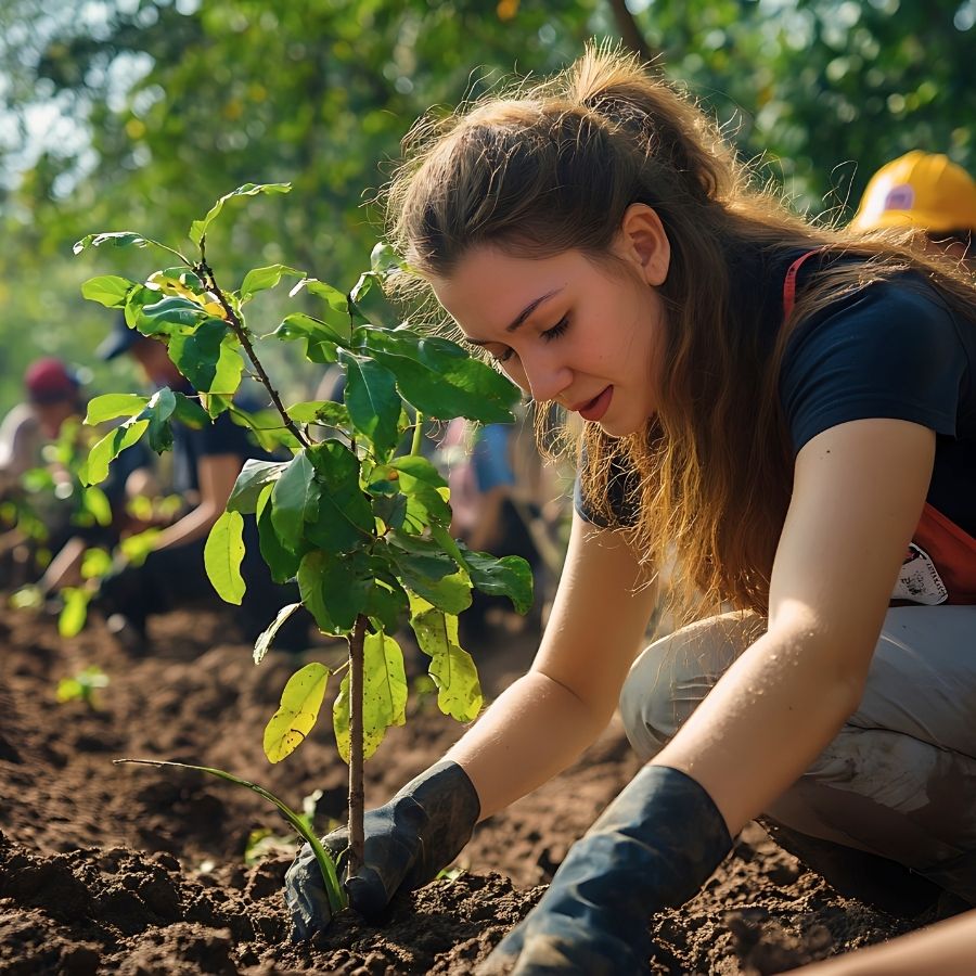 Traveller planting native trees during a reforestation activity