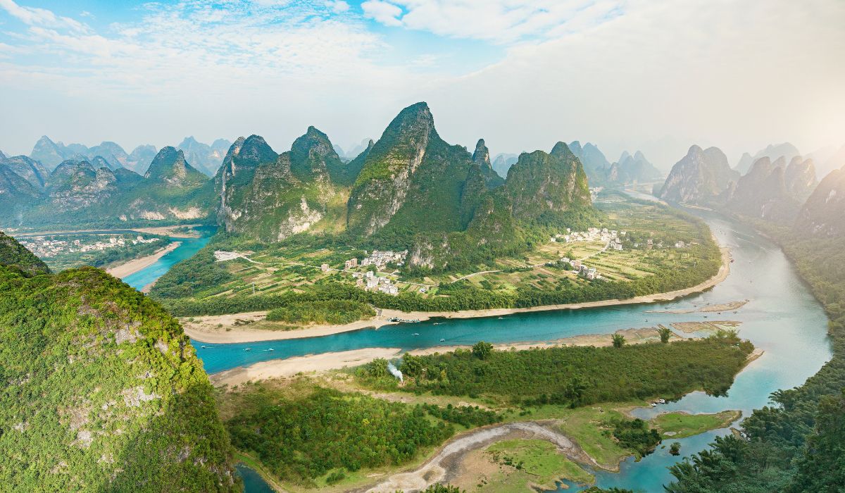 Karst mountains and river landscape near Yangshuo