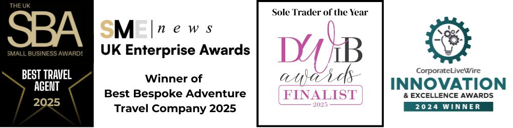 Recent awards for World Class Adventures including Best Travel Agent 2025 and Best Bespoke Adventure Travel Company 2025