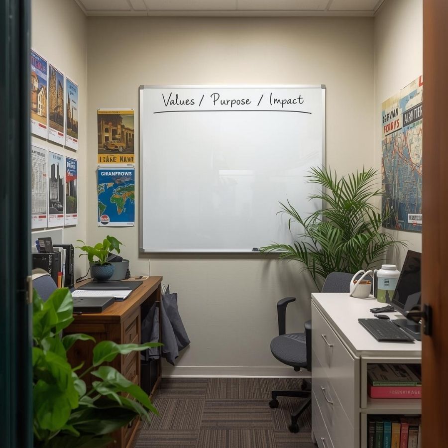 Travel professional writing sustainability principles on a whiteboard titled Values / Purpose / Impact