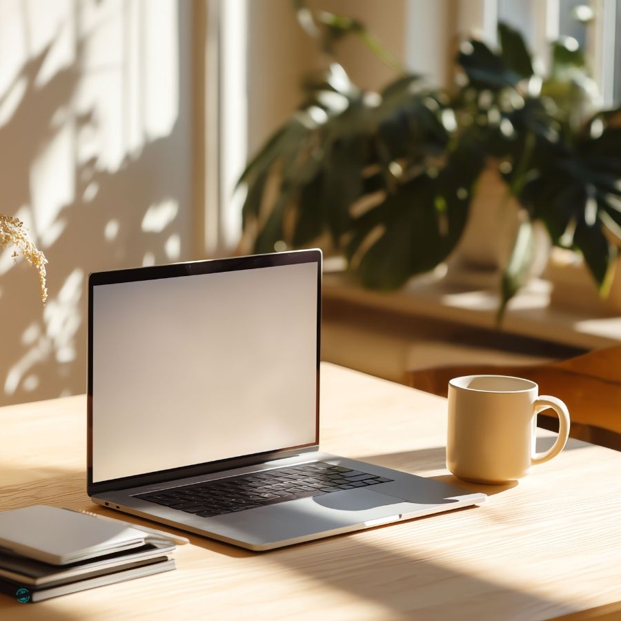 Eco-conscious workspace with laptop, notebook and reusable mug in natural light