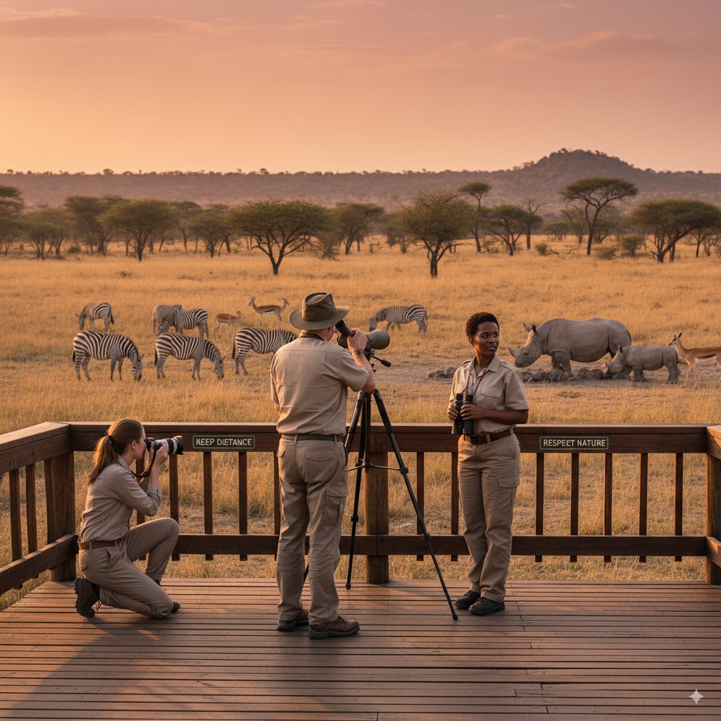 Small group observing wildlife from a respectful distance with a guide