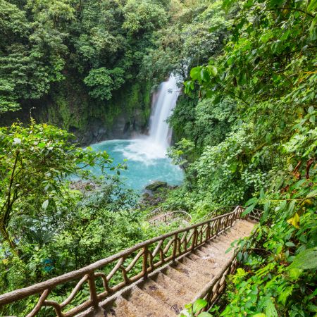 Waterfall and rainforest steps in Costa Rica, ideal for multigenerational family holidays with World Class Adventures