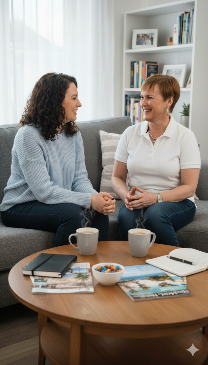 Two people having a relaxed conversation about travel plans
