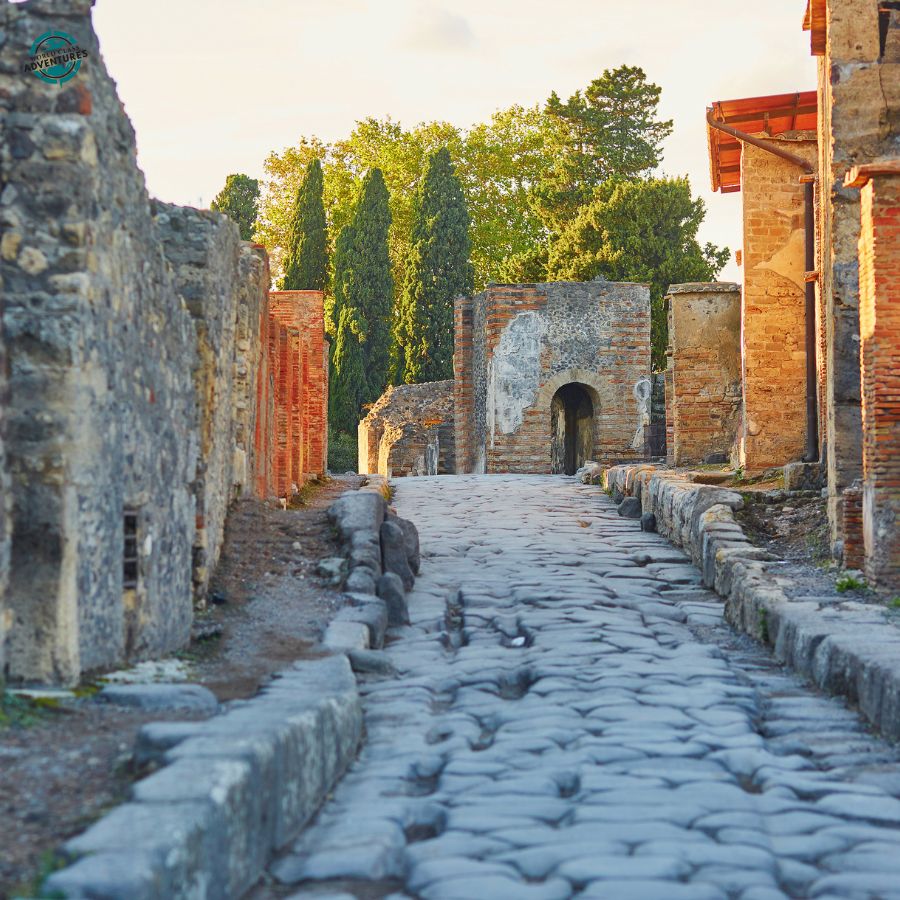 A cobblestone street through the Pompeii excavations with ancient brick buildings and cypress trees beyond